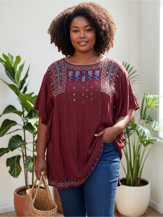 Umgee Tops - Umgee Wine boho tunic with colorful embroidered yoke and hem.